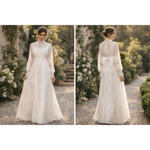 Vtg Bridal Originals Wedding Dress 12 Lace Trim Victorian Edwardian Bow Back‎